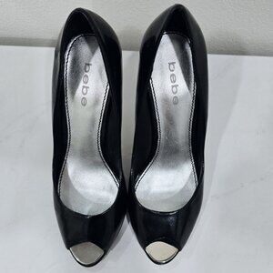 Bebe ✦ Black Patent Peep-Toe Heels ✦ Silver Stiletto Leather Upper 8 Gently Worn